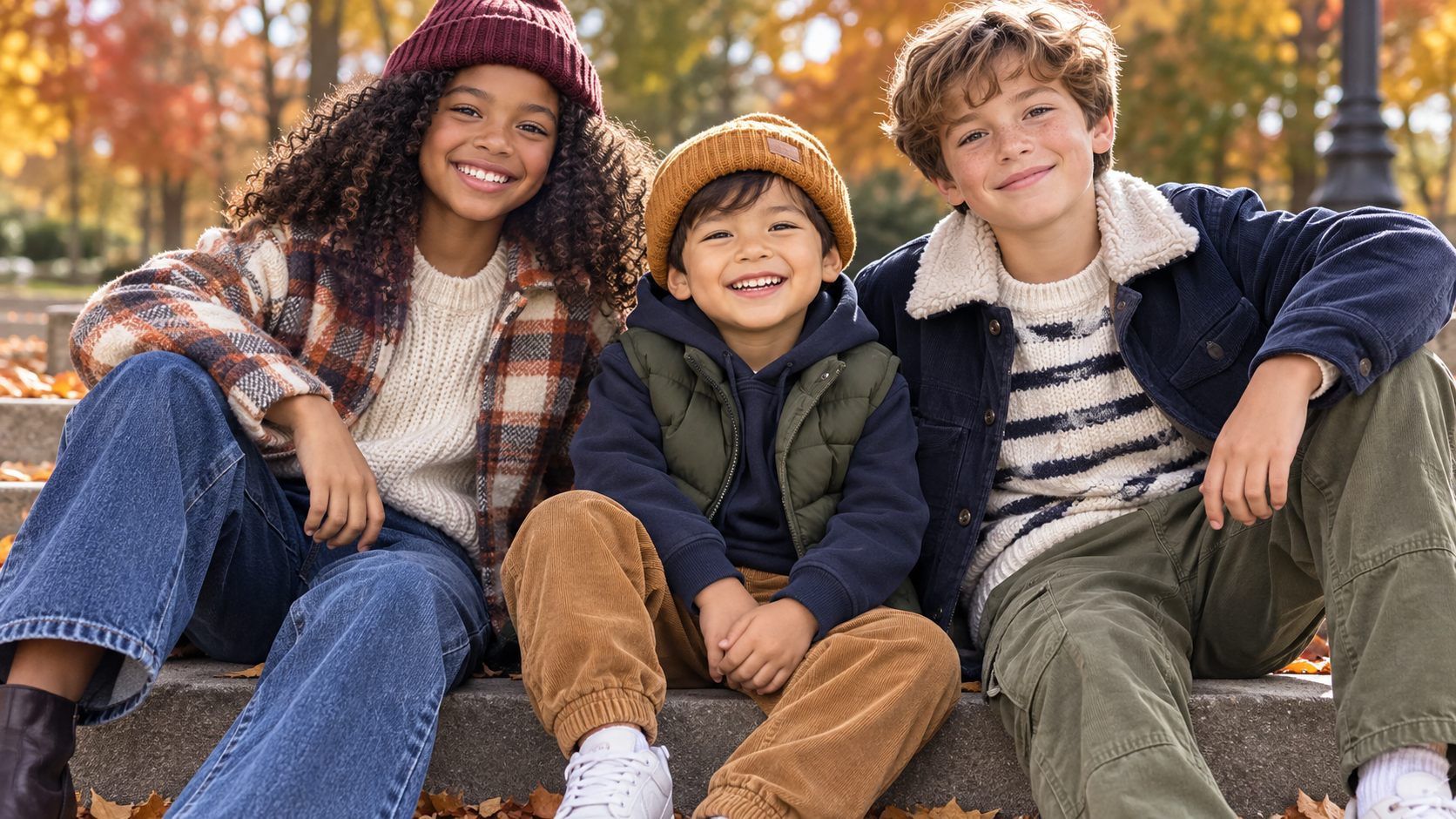 Three children sitting together outdoors on a stone bench in an autumn park, wearing cozy layered outfits with beanies, jackets, and jeans.